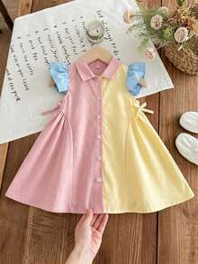 SHEIN LMoss Kids Đầm dệt phối màu tương phản cổ bèo kiểu dáng thường ngày cho bé gái - Nhiều màu - Xem 3
