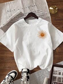 EMERY ROSE Women's Round Neck Letter & Sun Print Casual Versatile Daily Wear Short Sleeve T-Shirt - White - View 2