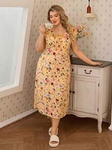 CottageSlumber 大码女式黄色底彩色花卉数码印花圆领双层荷叶边蝴蝶结柔软舒适罗纹针织面料喇叭袖中长连衣裙，休闲乡村风格，可作睡衣穿着 - 黃色 - 查看 4