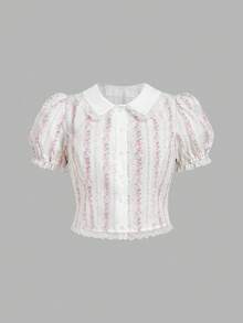 SHEIN MOD Áo sơ mi mùa hè cỡ lớn phối ren và hoa, kiểu dáng bong bóng, phong cách nghỉ dưỡng đồng quê, thời trang nữ tính. - Nhiều màu - Xem 6