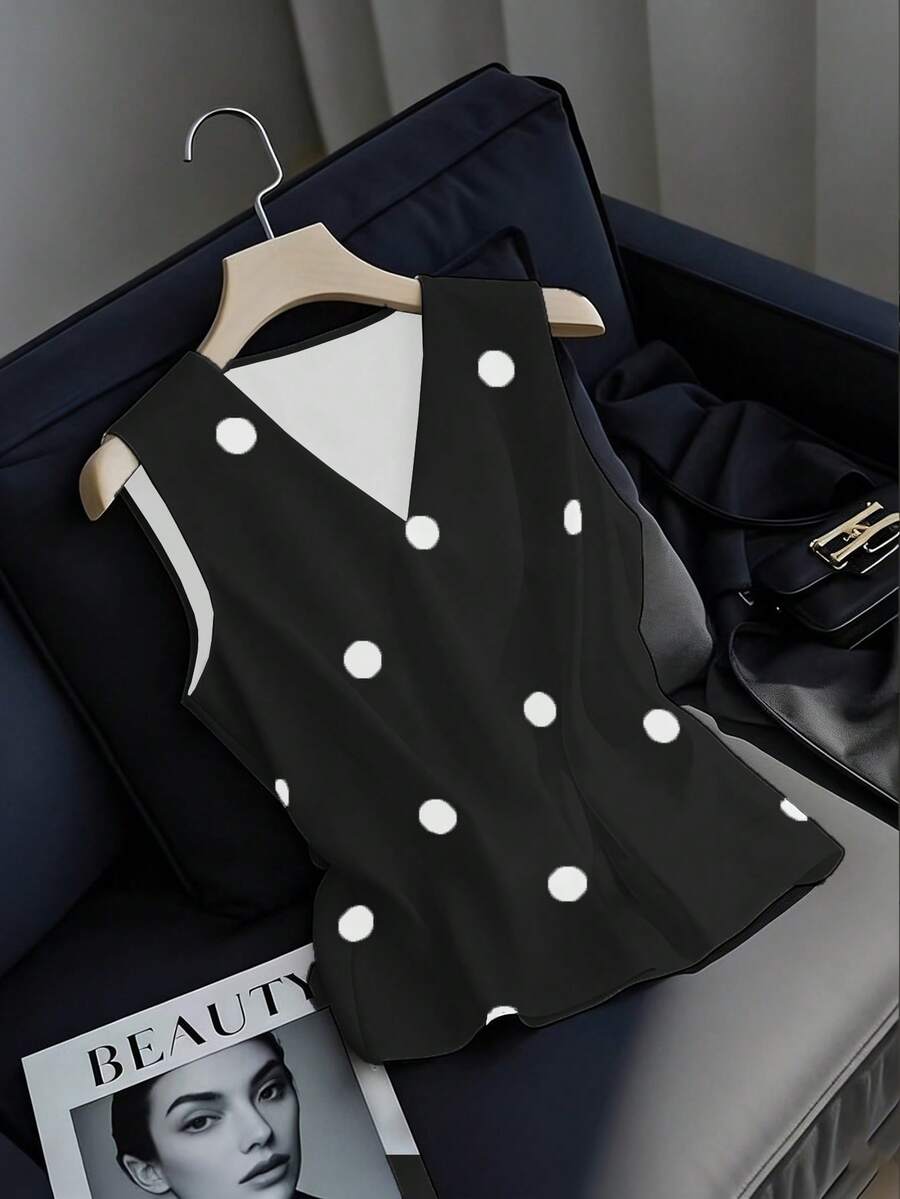 GlowEve 女士时尚波点印花V领休闲背心 - 黑色 - 查看 1