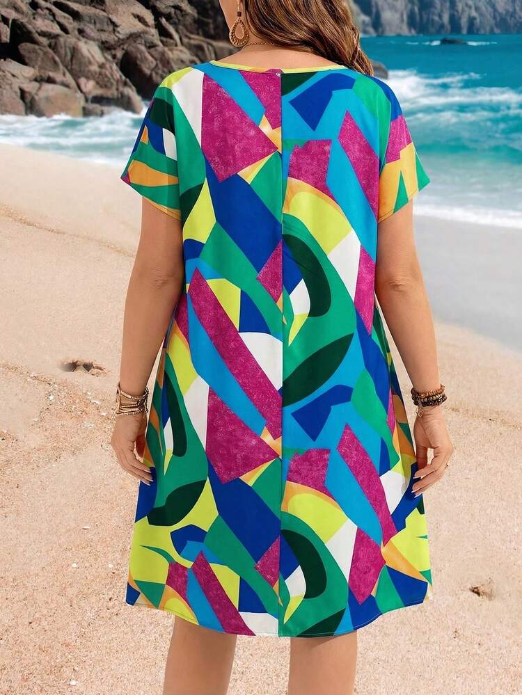 Plus Size Colorful Floral Print Batwing Sleeve Casual Vacation Dress,Summer Outfits For Women / Summer / Summer Clothes,Boho Women Clothing