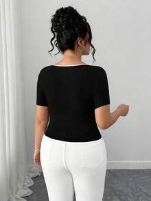 Elenzga Plus Size Elegant Contrast Trim Hollow Out Round Neck Short Sleeve Fitted T-Shirt, Summer - Black - View 2