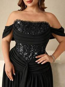 Coutiva Plus Size Sequin Patchwork Off-Shoulder Formal Evening Gown Plus Size Off Shoulder Evening Gown Sequin Corset Formal Maxi Dress Elegant Ruched Waist Banquet Dress Off Shoulder Bardot Neckline Sparkle Sequin Embroidered Bodice High Waist A Line Silhouette Formal Evening Banquet Wedding Reception Party Elegant Sophisticated Classic Solid Black - Black - View 3