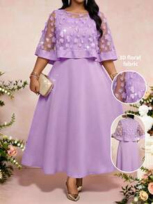 SHEIN Lady 大码女式贴花装饰网纱披肩上衣和连衣裙优雅套装 - 紫色 - 查看 2