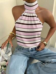 Muchica 女士撞色条纹高领拉链针织吊带背心，无袖，简约休闲，适合日常通勤，夏季百搭 - 彩色 - 查看 5