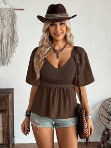 LanaWest Áo sơ mi ngắn tay nữ màu trơn, kiểu dáng thường ngày, đa năng. - màu nâu - Xem 6