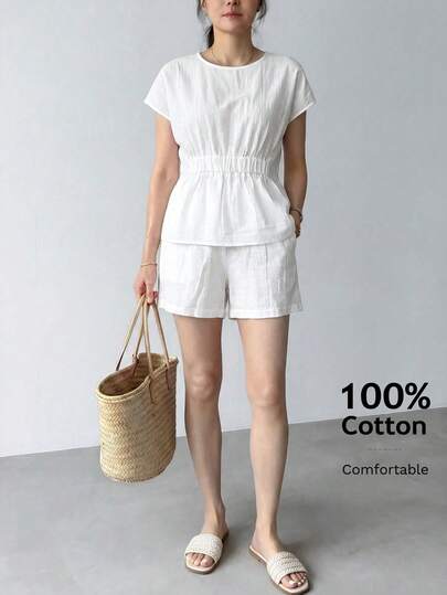 EMERY ROSE Women's Vacation Casual Solid Color Shirt And Shorts 2 Pieces Set White Summer Two Piece Set For Women Two Piece Outfits For Women Two Piece For Ladies Summer Outfits For Women Going Out Outfits Vacation Outfits Women Summer Holiday Outfits Casual Sets For Women Cotton Women's Clothing Cotton Two Piece Set Women Co Ords Sets Women Summer White Short Sets For Women