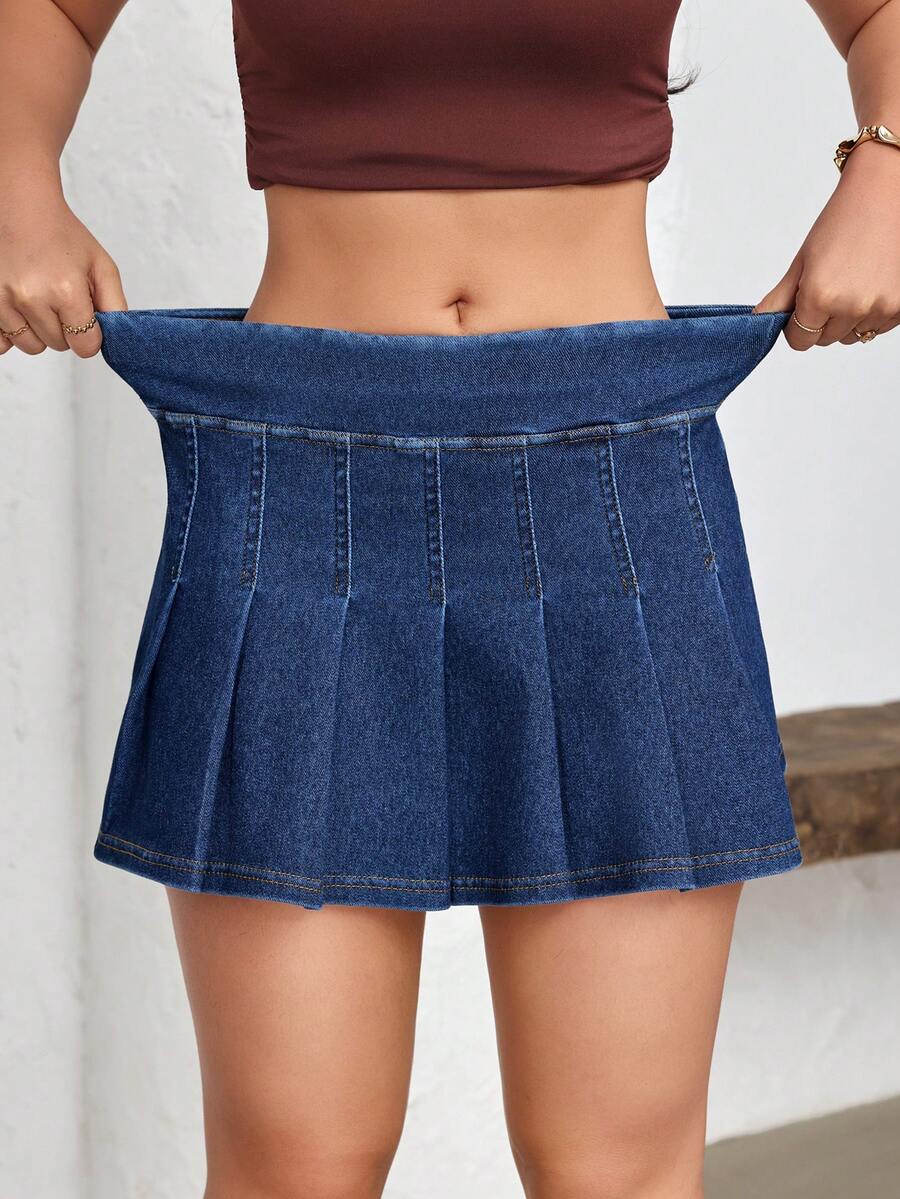 Flexra Women's Pleated Casual Versatile Date & Outing Denim Mini Skirt - Blue - View 1
