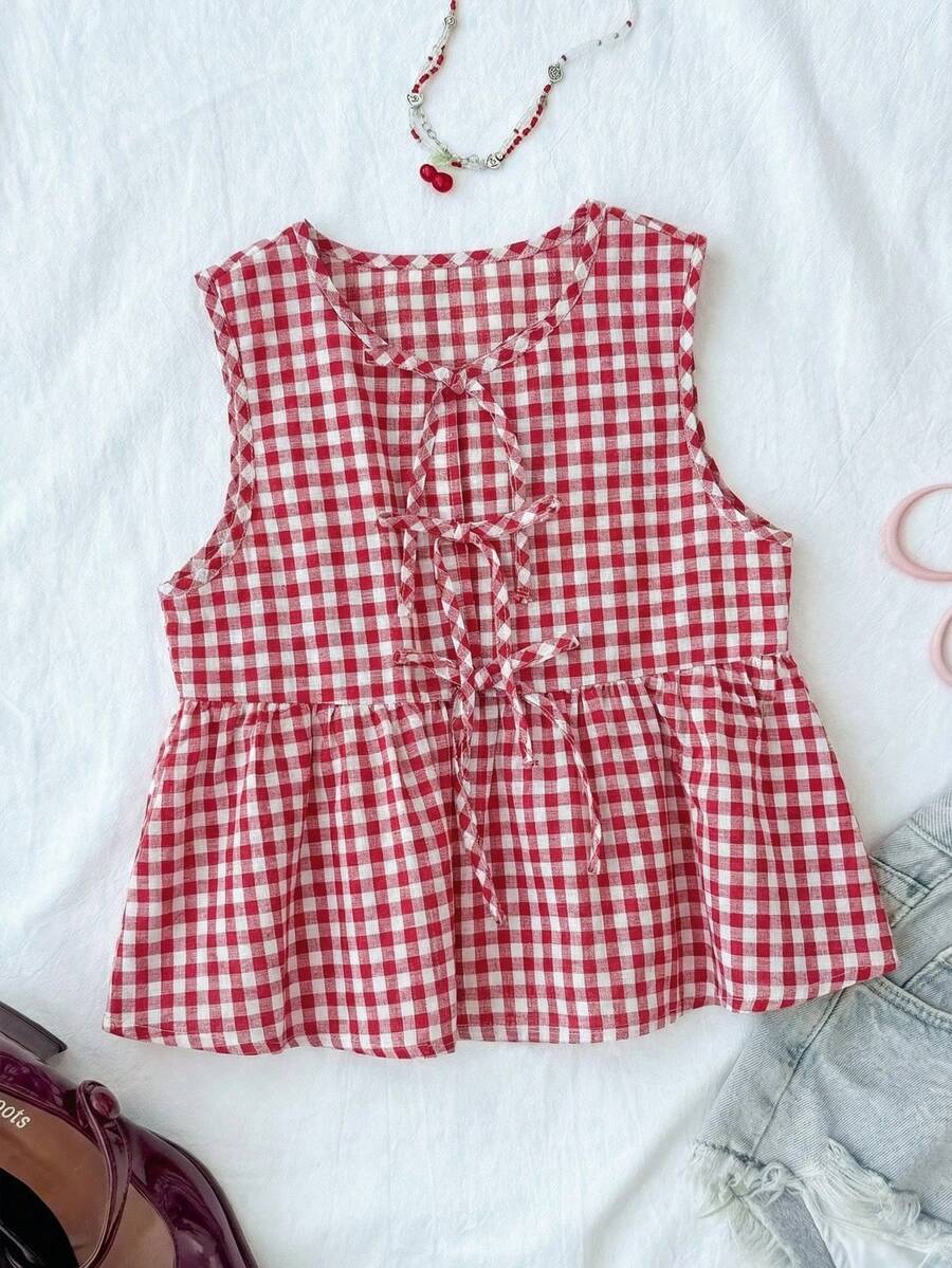 SHEIN 少女红色格子系带蝴蝶结无袖荷叶边下摆衬衫 - 紅色 - 查看 1