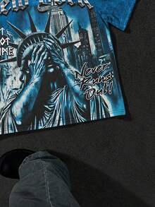青少年男童新款休闲简约Y2K风格扎染自由女神像街头图案印花美式复古宽松舒适短袖圆领T恤，适合夏季穿着 - 彩色 - 查看 4
