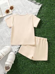 2pcs/Set Baby Girls Casual All-Match Classic Cute Minimalist Short Sleeve "Daddy's Girl" T-Shirt & Shorts Set, Suitable For Spring/Summer - Apricot - View 2