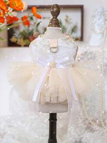 PETSIN 1pc Pet Luxury Princess Wedding Dress With Gold Flower Embroidery And Pearl Bow Decoration Dress, Spring/Summer Thin Style With Traction D-Button Cat/Dog Clothes - White - View 4