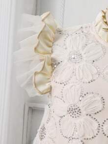 SHEIN Tween Girls White Floral Embroidered Mesh Patchwork Princess Dress,Elegant Summer Holiday A-Line Formal Gown,Wedding Guest Outfit For Al-Adha - Champagne - View 6
