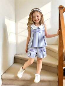 SHEIN Elladie kids 女童紫色褶皱可爱蝴蝶结装饰背心搭配时尚阔腿裤套装，适合日常休闲穿着和通勤，简约风格 - 藍色 - 查看 4