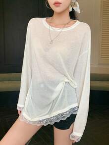 DAZY 女款二合一蕾丝拼布长袖宽松长款T恤，适合春季和秋季服装 - 白色 - 查看 5