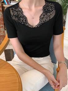 DAZY Women's Solid Color Mesh Patchwork Fitted Short Sleeve T-Shirt, Spring/Summer - Black - View 5