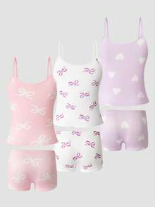 SHEIN Vintaside Kids Bộ đồ lót 6 món cho bé gái, gồm áo hai dây và quần lót in hình bướm và trái tim, viền ren, chất liệu cotton thoải mái, thích hợp mặc ngoài hàng ngày. - Nhiều màu - Xem 2