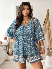 Vionelle Plus Size Casual Teal Ditsy Floral Lantern Sleeve Jumpsuit Boho Mini Dress,Women Summer Vacation Holiday Beach Outfits Resort Wear Beachwear Outfit - Multicolor - View 6