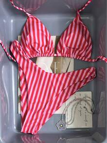 Swim Mod Women's Tropical Cute Striped Print Halter Tie Bikini Two Pieces Bikini Set Set, Casual Beach Party - Multicolor - View 3