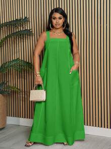 SHEIN CURVE+ Curve 尺码 US22 音乐节、海滨度假、波西米亚风宽松绿色无袖口袋 A 字连衣裙，适合度假、优雅休闲和日常穿着，春夏款 - 綠色 - 查看 8