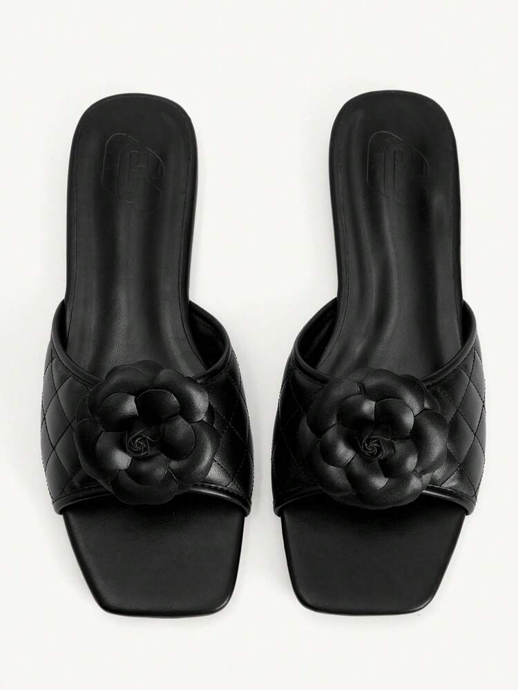 CUCCOO CHICEST Women Shoes Women's New Summer Square Toe Flat Bottom Black Three-Dimensional Flower Fashionable And Elegant Women's Flat Sandals Slippers Suitable For Daily Commuting Home Office Vacation And Other Places