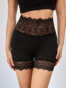 SHEIN Tall 撞色蕾丝高腰黑色骑行短裤 女士黑色短裤 女士蕾丝短裤 - 黑色 - 查看 5