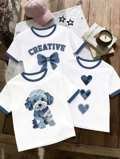 Tween Girls 3-Piece Dog & Heart Bow Print Short Sleeve Set, Casual Comfortable Spring/Summer Outfit, Versatile Design Suitable For Outdoor, Picnic, Street Photography, Home, School, Festivals, Gifts