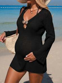 Swim Vcay 26SS Summer Beach Vacation Knit Shell Cover-Up For Pregnant Women - Black - View 1
