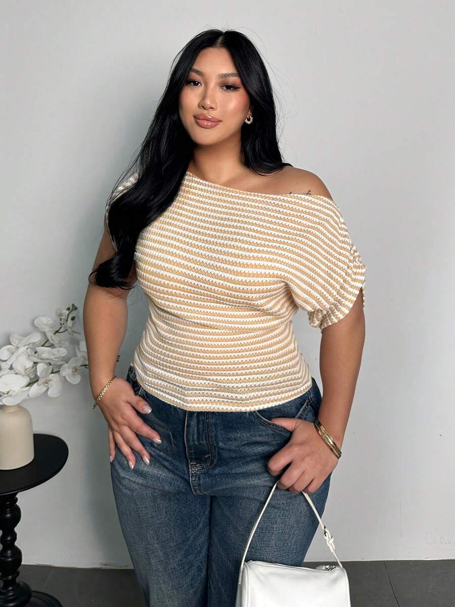 Firerie Plus Size Women Textured Striped Asymmetric Shoulder Ruched Batwing Sleeve T-Shirt Top, Blouse, Spring Summer Autumn Casual Commute Elegant Work Wear - Multicolor - View 1