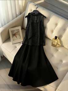 GlowEve 女士雪纺黑色波点系带无袖上衣 + 黑色吊带连衣裙两件套 - 黑色 - 查看 5