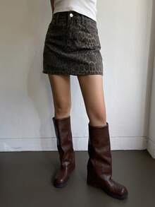 DAZY 女士休闲秋季豹纹牛仔迷你裙牛仔裙 - 棕色 - 查看 3