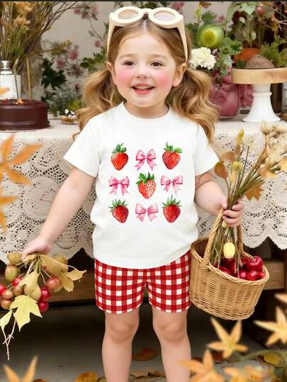 2pcs Baby Girl Casual Cute Fresh Bow & Strawberry Print Top And Plaid Print Shorts Set, Suitable For Outings In Summer