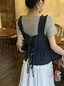 DAZY 女士格子叠层系带吊带背心 - 藍色 - 查看 8