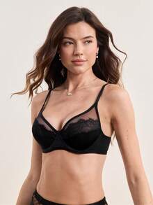 SHEIN 对比色蕾丝钢圈性感内衣文胸 - 黑色 - 查看 4