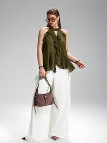 LYSMO Blusa de talla grande con cuello anudado y volantes de unicolor simple - Verde - Ver 4