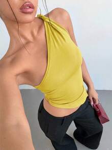 Siren Gaze Áo kiểu lệch vai xoắn nhẹ nhàng, thanh lịch dành cho nữ nhân dịp Lễ Tình nhân - Màu vàng - Xem 11