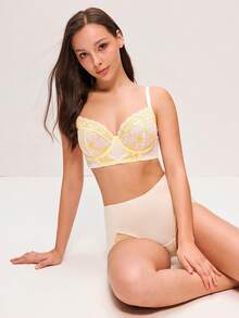 LUVLETTE Breathable Unlined Lace Elegance Push-Up Balconette Corset Lingerie Lounge Curve Yellow & White Floral Minimizer Bridal Bra As Outerwear Wedding - Beige - View 6