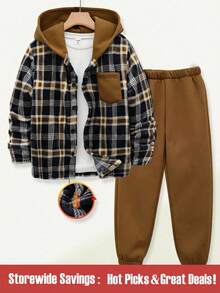 SHEIN Explorewe Set de 2 piezas: Chaqueta con capucha y media cremallera a cuadros y pantalón de chándal con cordón para niños, conjunto casual - Multicolor - Ver 1