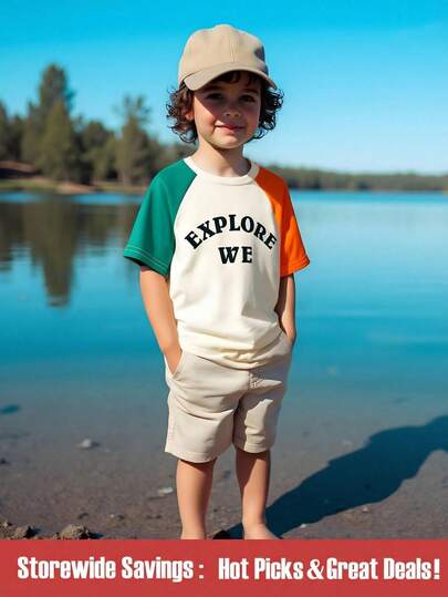 SHEIN 都市休闲风格连体男童小男孩T恤，圆领短袖撞色杏色T恤，舒适百搭，适合春夏季节。男童T恤适合都市户外活动、居家休闲、学校、聚会等各种场合。