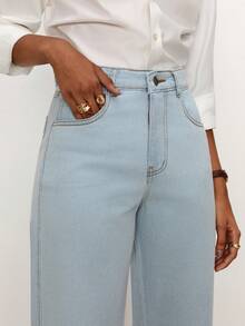 Daynim Quần jeans ống đứng cài cúc phía trước màu trơn - Rửa nhẹ - Xem 5