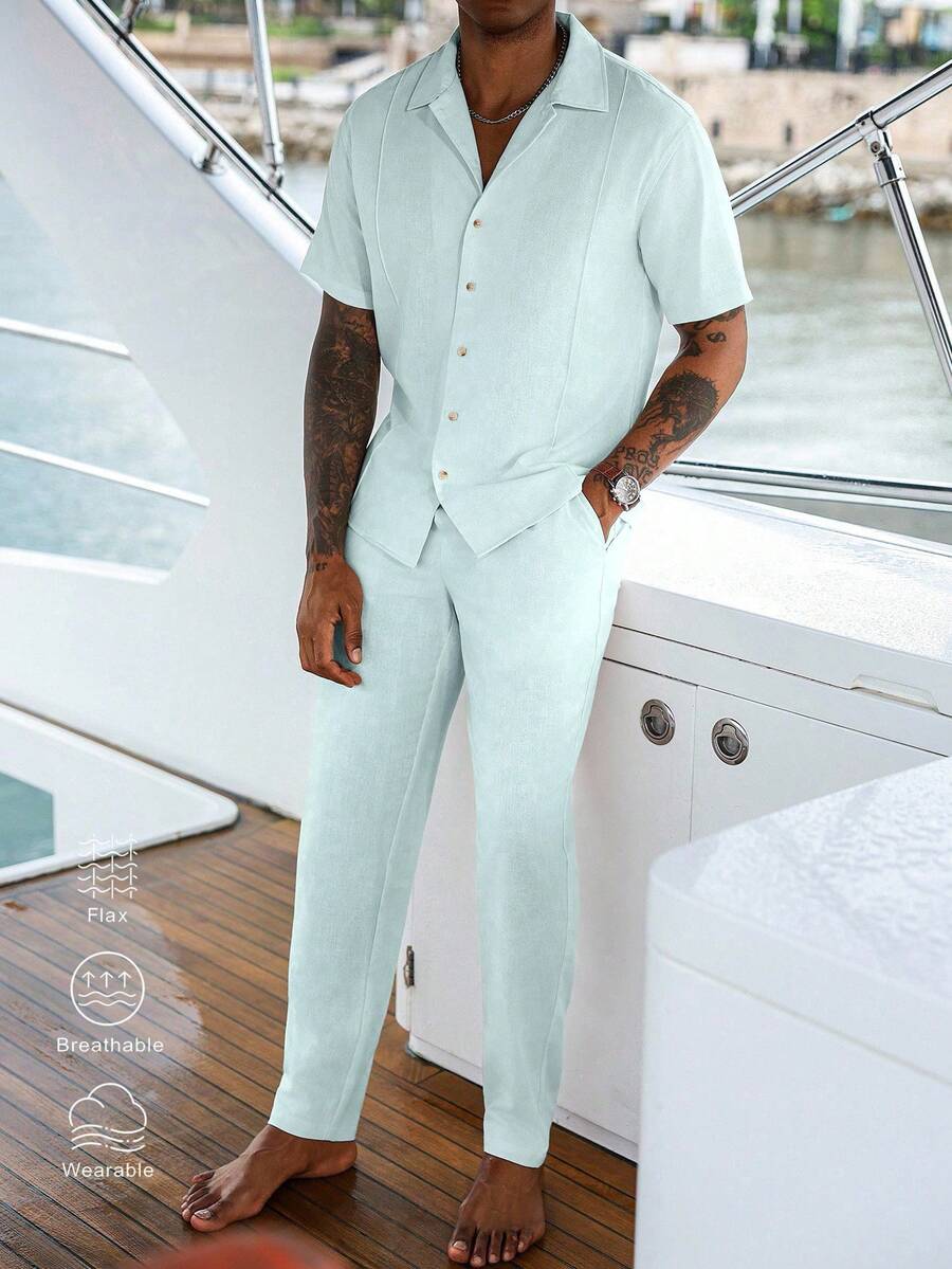 VENTUSAIL Bộ đồ nam màu trơn, tay ngắn, cài một hàng khuy và quần dài, thích hợp mặc hàng ngày. - màu xanh lá - Xem 1