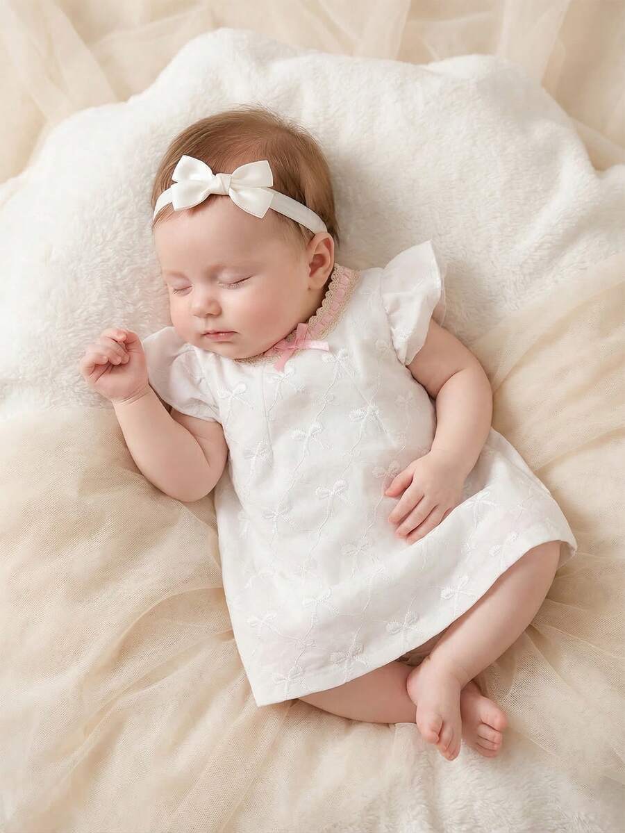 新生女宝宝白色蝴蝶结短袖领蕾丝粉色蝴蝶结公主裙，优雅甜美吊带裙 - 白色 - 查看 1