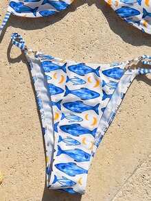Swim Mod Bộ đồ bơi đi biển 2 món dành cho nữ, đồ bơi nghỉ dưỡng thời trang và dễ thương, áo bikini tam giác hở lưng buộc cổ và quần bikini có thể điều chỉnh, họa tiết sọc động vật biển đính ngọc trai. - Nhiều màu - Xem 5
