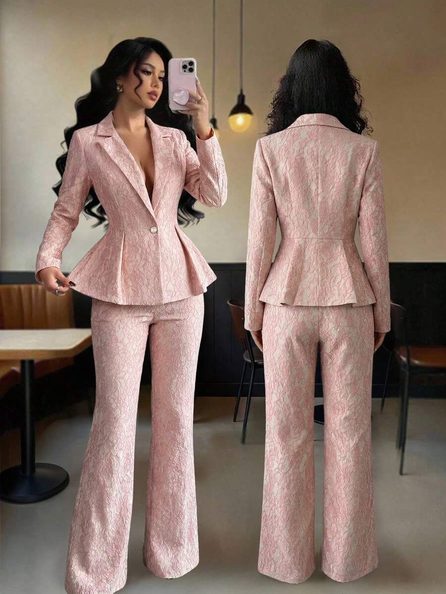 SHEIN Elenzya 女士复古皇家套装，包含外套和裤子两件套，蕾丝珍珠纽扣，长袖，适合约会、万圣节、返校季、Y2K、Grunge、春夏复古、职业装、教师装、节日、情人节等场合。 - 粉色 - 查看 1