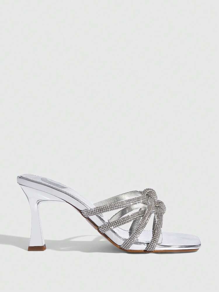CUCCOO SZL Women Shoes Summer New Square Toe Stiletto Silver Rhinestone Strip Knotted Women's Fashion High Heel Sandals Slippers Fashion Sexy Party Nightclub Women's Sandals Women's Shoes