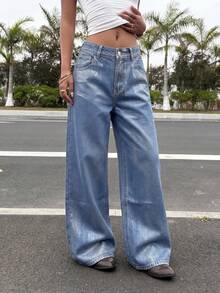 SHEIN ICON Women's Straight Loose Casual Versatile Jeans With Pockets - Blue - View 5