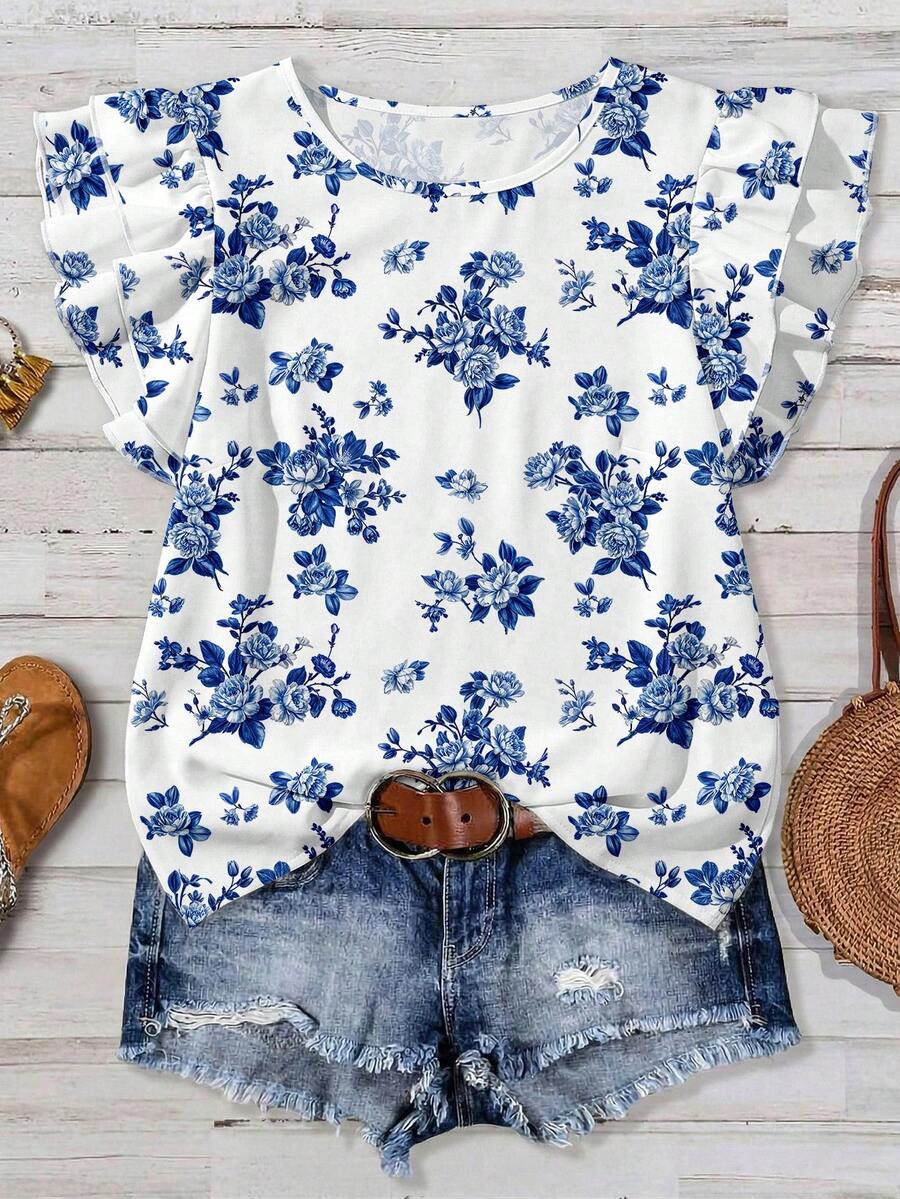 EMERY ROSE 大码女式碎花荷叶袖休闲衬衫 女式碎花上衣 女式夏季上衣 女式上衣和衬衫 女式休闲上衣 女式春季上衣 女式夏季衬衫 女式休闲装扮 女式夏季装扮 夏季休闲上衣 - 彩色 - 查看 1