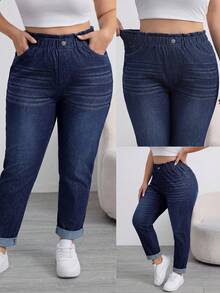 SHEIN Tall CURVE Summer Tall CURVE Plus Size Woman Casual Outfit Elastic Waist Denim Pants For Women Rolled Cuff Loose Jeans Washed High Tapered - Black - View 1