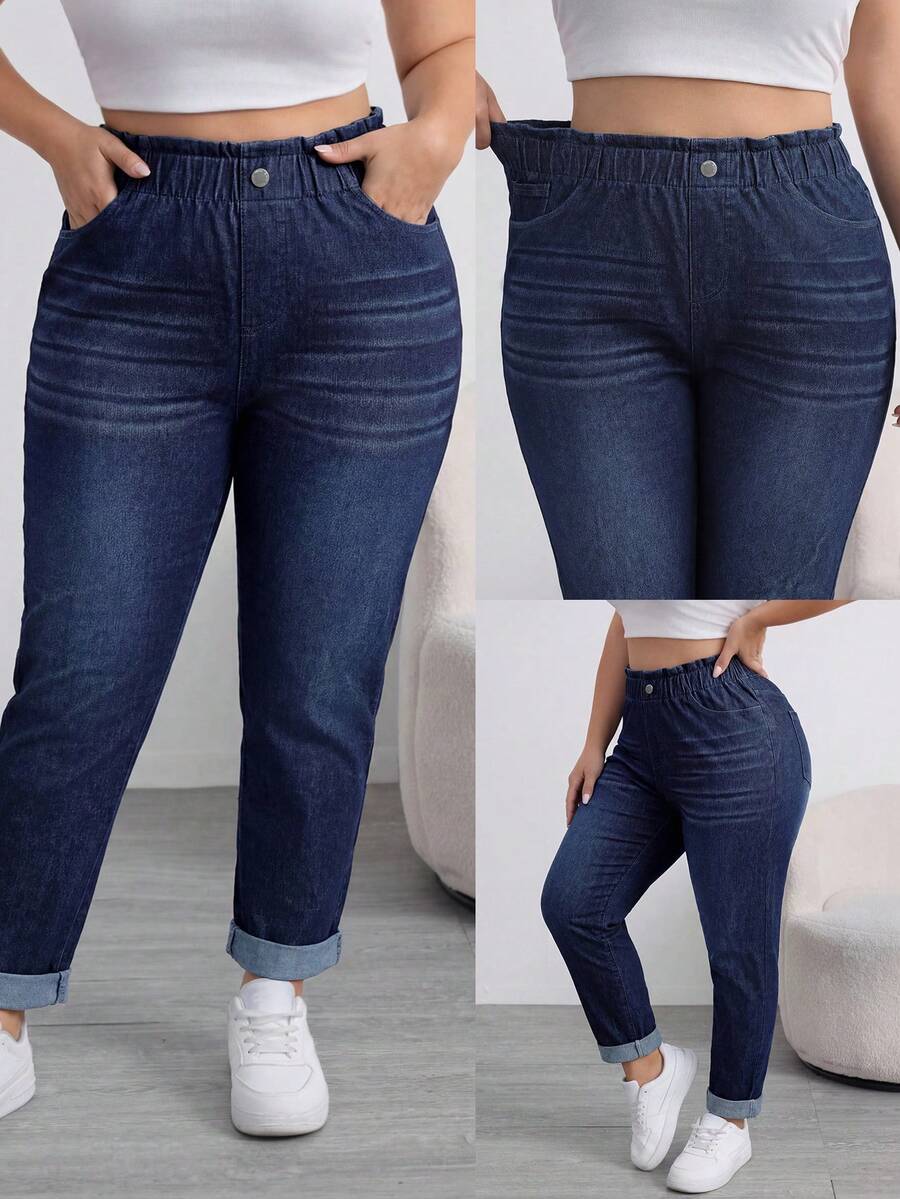 SHEIN Tall CURVE Summer Tall CURVE Plus Size Woman Casual Outfit Elastic Waist Denim Pants For Women Rolled Cuff Loose Jeans Washed High Tapered - Black - View 1